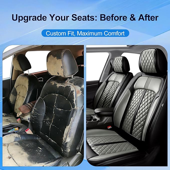 Fit CX-50 Car Seat Covers for Select Mazda CX50 2023-2026, Full Coverage Leather, Airbag Compatible, Luxury Waterproof & All Weather Seat Protector, Front Pair Black+Gray