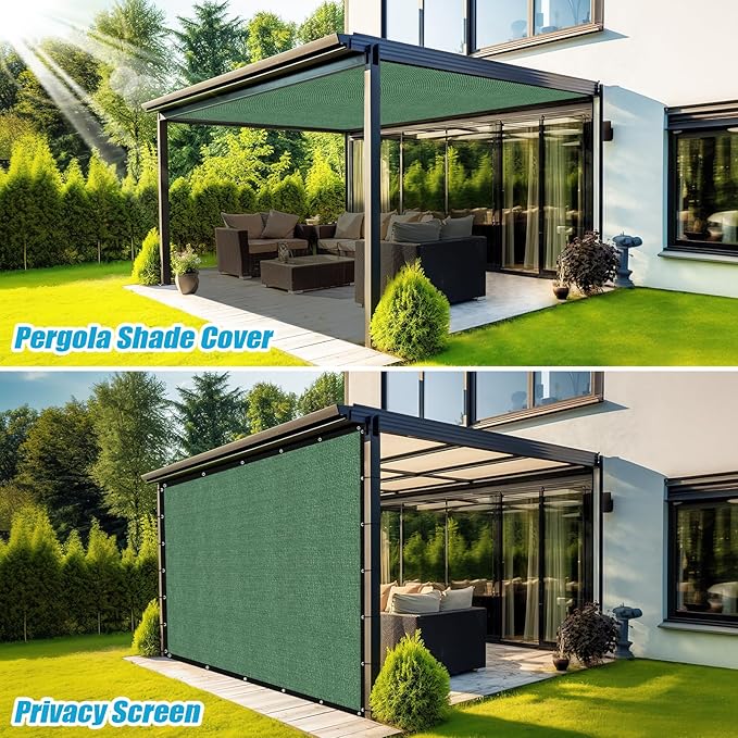 Amagenix 90% Pergola Shade Cover 7' X 7' Sun Shade Cloth with Grommets for Outdoor Garden Patio Porch, Commercial Grade 200 GSM - Cable Zip Ties Included (We Customized) GN108, Green