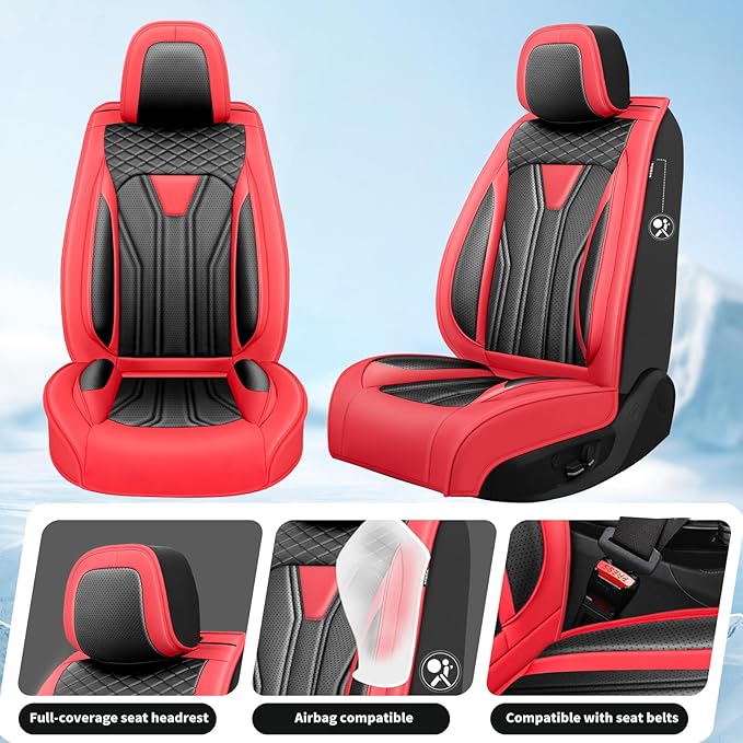 Fit Versa Car Seat Covers Compatible with Nissan Versa 2008-2025 2026 - Premium Leather， Waterproof Breathable， All-Weather Seat Cushion Protecto&Airbag Compatible (2 Front Seat Red&Black)