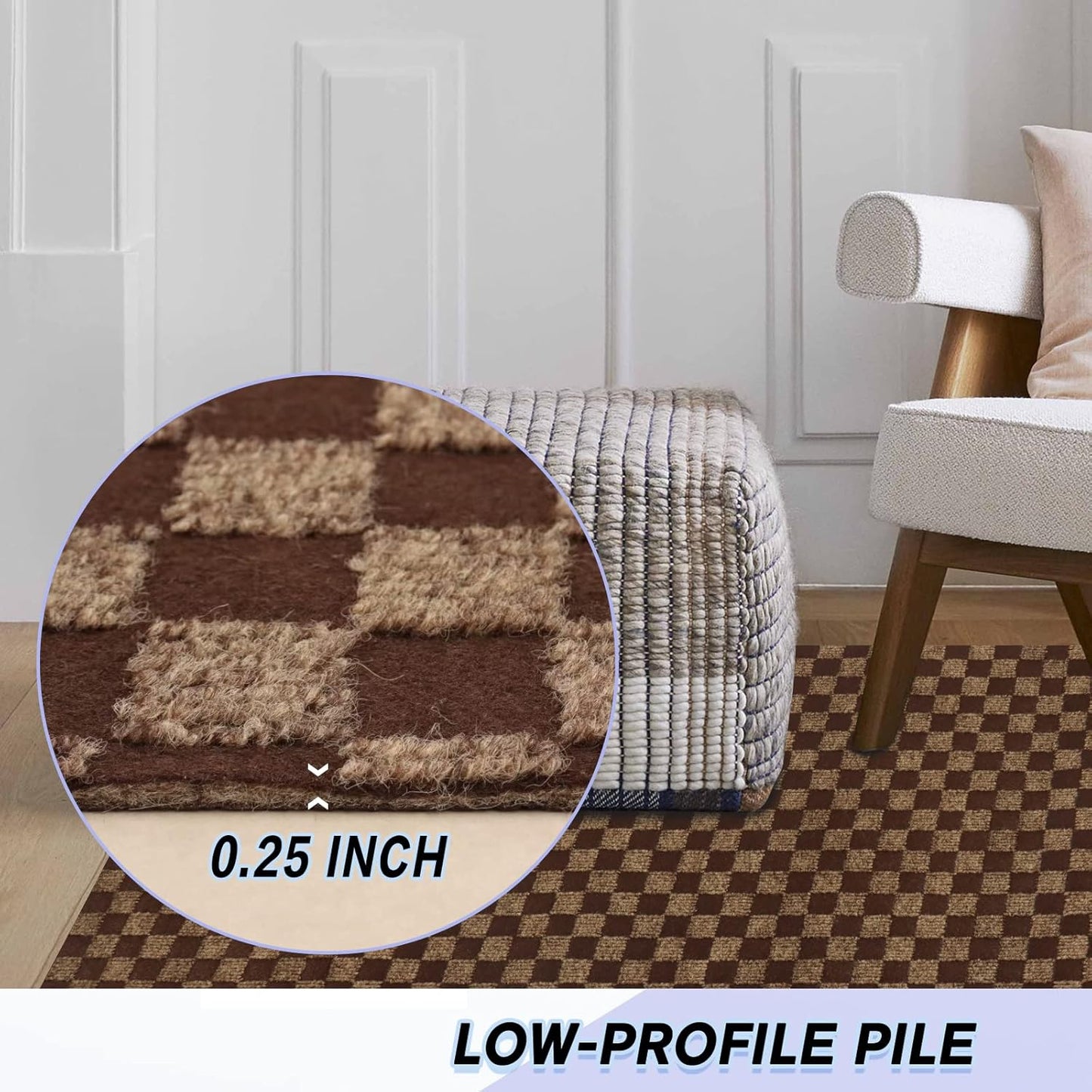 Custom Size Backed Non-Slip Area Rugs Runner, Easy Clean, Waterproof Runner Rugs for Hallway Entryway, Kitchen, Laundry, 4FT x 53FT, Brown Checkered