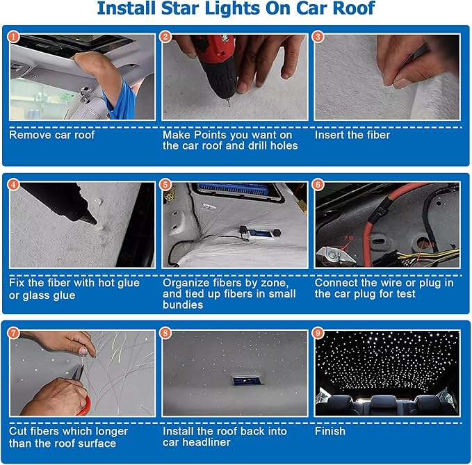 AMKI 16W Starlight Headliner Kit 500pcs 0.03in 9.8ft Twinkle+Sound Activated Fiber Optic Light APP/Remote Control for Car Home Star Ceiling Decoration