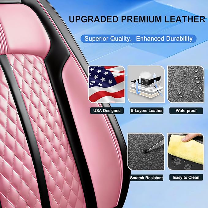 Fit CX-30 Car Seat Covers for Select Mazda CX30 2020-2025, Premium Full Coverage Leather, Airbag Compatible, Waterproof All Weather Seat Protector, Front Pair Black+Pink