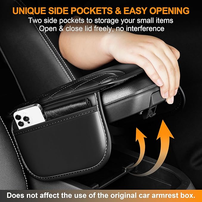 Car Center Console Cover Fit for Jeep Wrangler - Leather Armrest Covers with 2 Storage Pockets(Black)