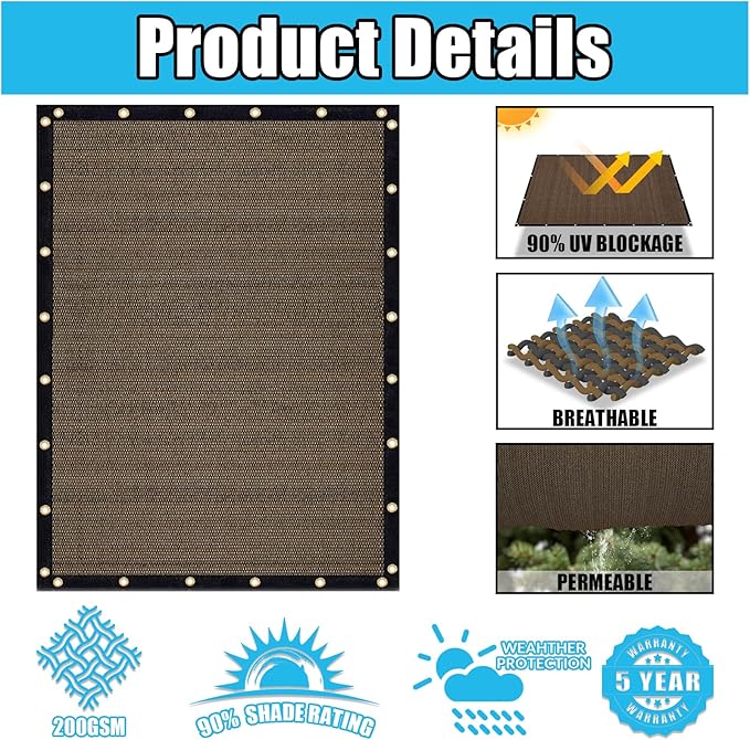 Amagenix 90% Shade Fabric 18'X 22' Mocha Sun Shade Cloth with Grommets for Pergola Replacement Shade Cover Canopy, Heavy Duty, Cable Zip Ties Included (We Customized)