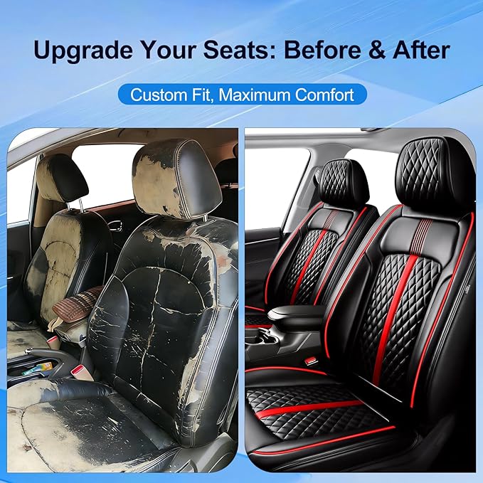 Fit Blazer Car Seat Covers for Select Chevrolet/Chevy Blazer 2019-2026 - Premium Full Coverage Leather, Airbag Compatible, Waterproof & All Weather Seat Cushion Protector, Full Set, Red Trim