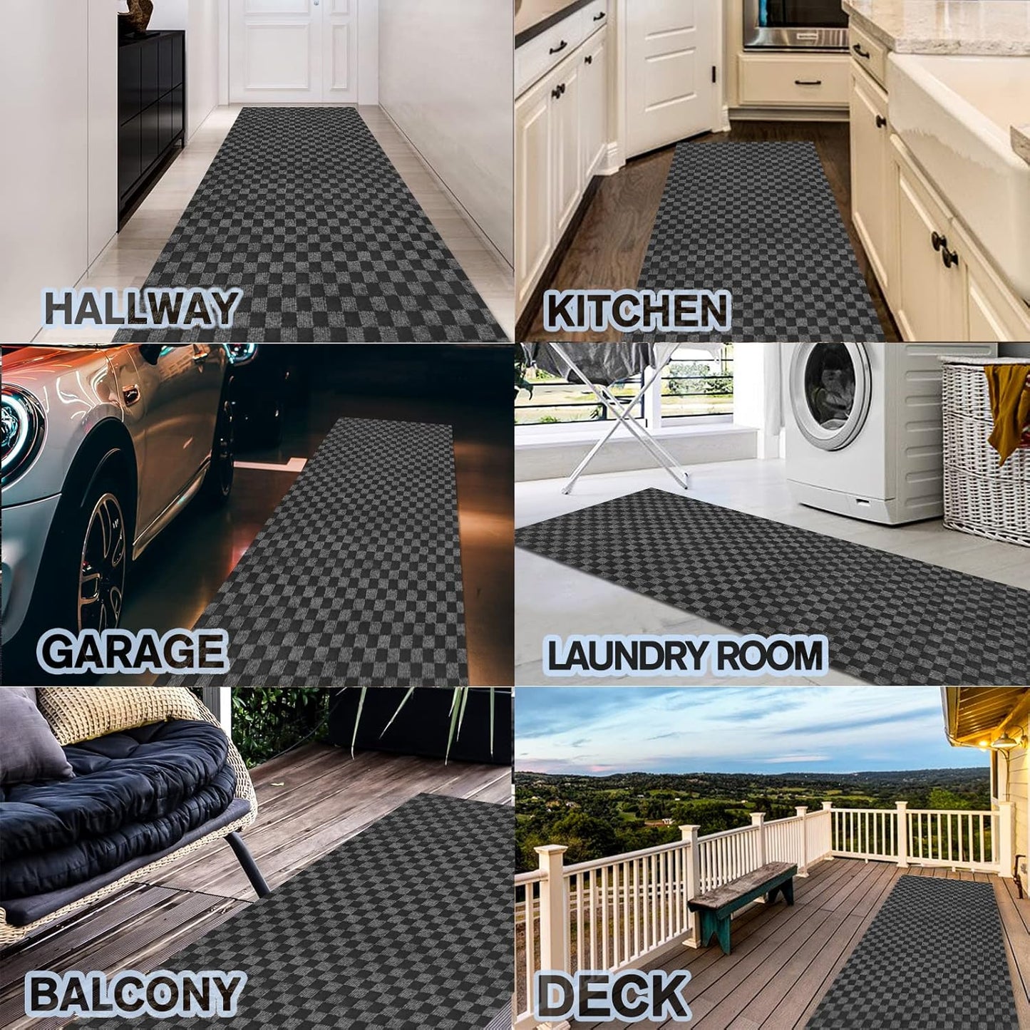 Custom Size Backed Non-Slip Area Rugs Runner, Easy Clean, Waterproof Runner Rugs for Hallway Entryway, Kitchen, Laundry, 3FT x 42FT, Gray Checkered