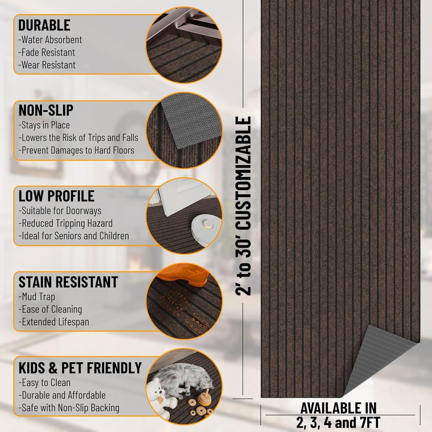 Ottomanson 2'7" x 7' Hallway Runner with Scraper Pile - Extra Durable Non-Slip Rug Mat for Indoor & Outdoor Use - Ideal for Kitchen, Entryway & Garage - High-Traffic Carpet, Brown
