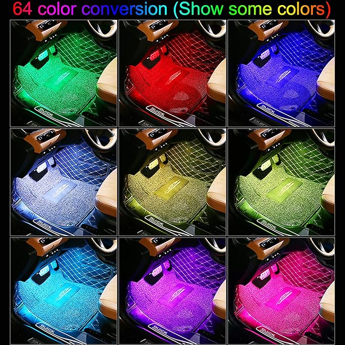 RGB Car Footwell Ambient Lighting Kit Car Charger + USB 16.7 Millions Colors Sound Active Music Sync APP Control + RF Remote Controller Car Interior Multicolored Footwell Atmosphere Light