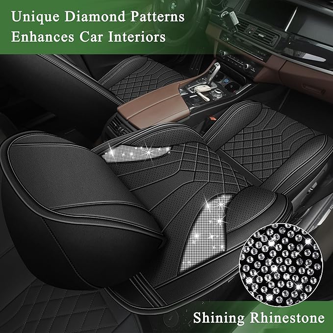 Bling Diamond Embroidered Seat Covers Fit for Nissan Juke 2011-2017(S/SV/SL), Full Set 5 Seats, Sparkle Rhinestone Breathable Perforated Faux Leather Car Seat Covers for Women (Black)