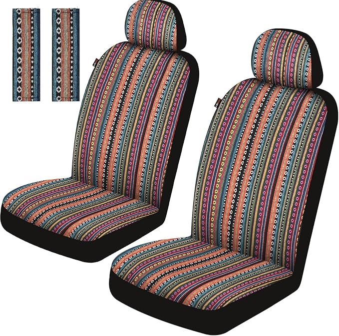 Baja Saddle Blanket Car Seat Covers Front Set, Washable Breathable Striped Woven Cloth Seat Covers for Cars, SUV, Truck, Airbag Compatible(Orange)