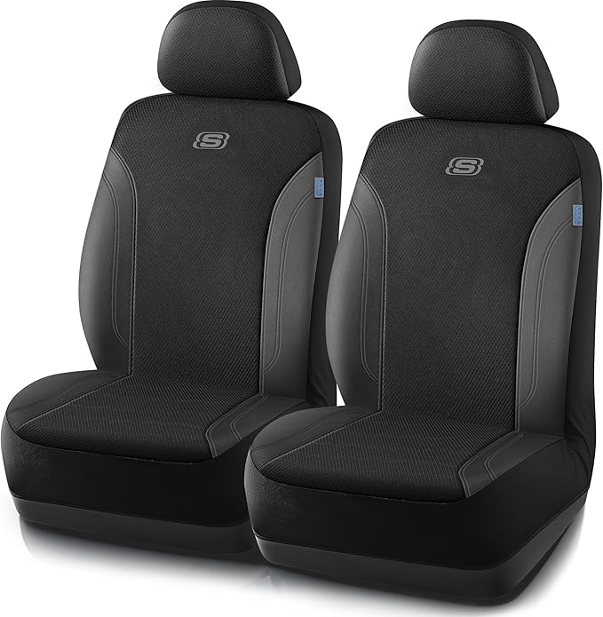 Skechers Car Seat Covers, Work Leather Seat Covers 5-Times Stronger Built-in Webbing, Oxford Fabric Front Seat Cover, Airbag Compatible, Automotive Comfort for Cars, Trucks, SUVs,Black
