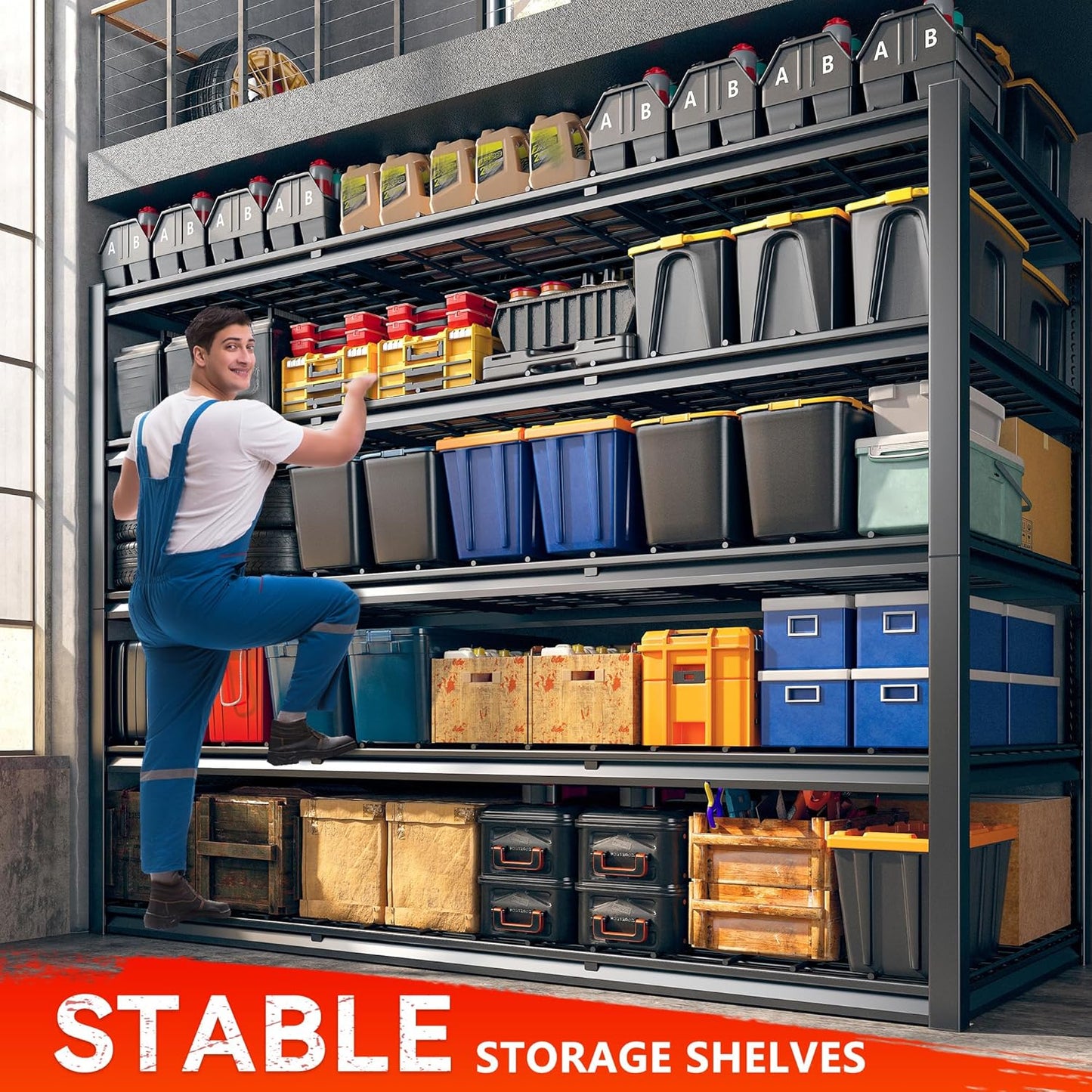 REIBII 60" W Garage Shelving Heavy Duty Metal Shelving 3000LBS Storage Shelves Adjustable Metal Shelves for Storage Industrial Garage Shelves for Warehouse Basement 60" W x 24" D x 72" H