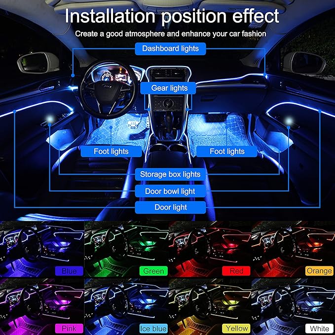 Car Interior Ambient Lighting Optic Fiber RGB 64 Colors Multicoloured Music Car Footwell Lighting Kit with Cigarette Lighter and App Microphone, DC 12V-24V 1W 5m