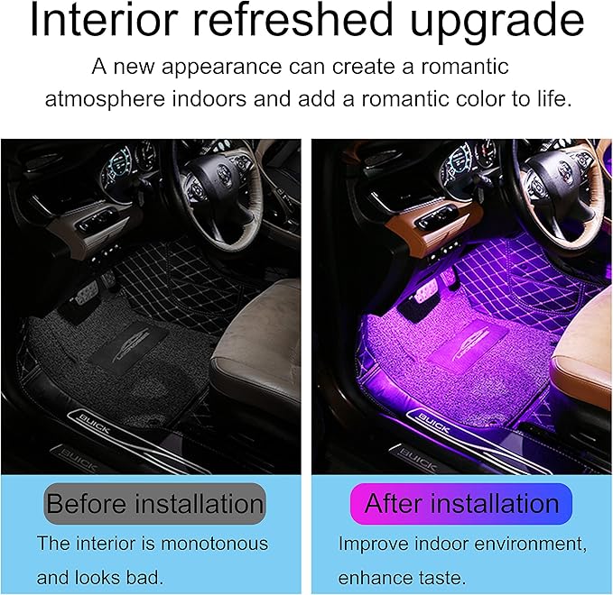 Car Ambient Lighting with Bluetooth App Control + RF Remote Control 64 Colors Multicoloured Music Interior Footwell Lighting Kit DC 12V 1W