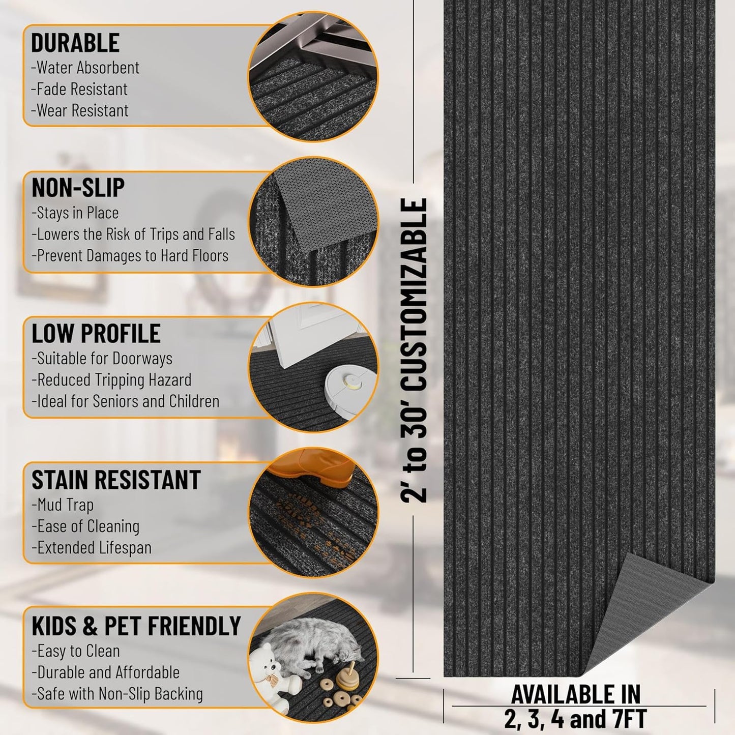 Ottomanson 2' x 12' Hallway Runner with Scraper Pile Extra Durable Non-Slip Rug Mat for Indoor & Outdoor Use - Ideal for Kitchen, Entryway, Patio & Garage - High-Traffic Carpet, Black