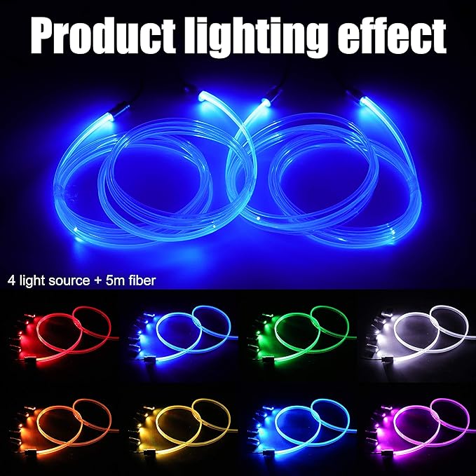 Car Atmosphere Light Kit 5m Fiber Optic RGB Multicolor Sound Active Music Sync Memory Function RF Remote Controller USB Car Interior Ambient Lighting Kit DC 12V