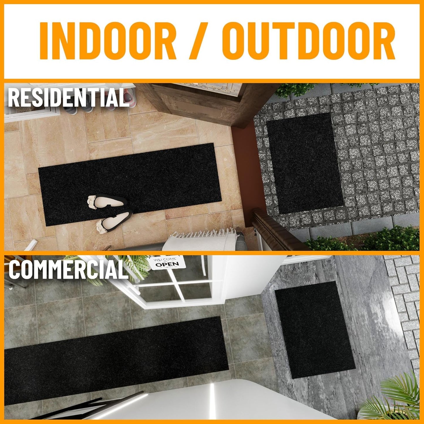 Ottomanson 2'7" x 54' Hallway Runner with Scraper Pile - Extra Durable Non-Slip Rug Mat for Indoor & Outdoor Use - Ideal for Kitchen, Entryway & Garage - High-Traffic Carpet, Black