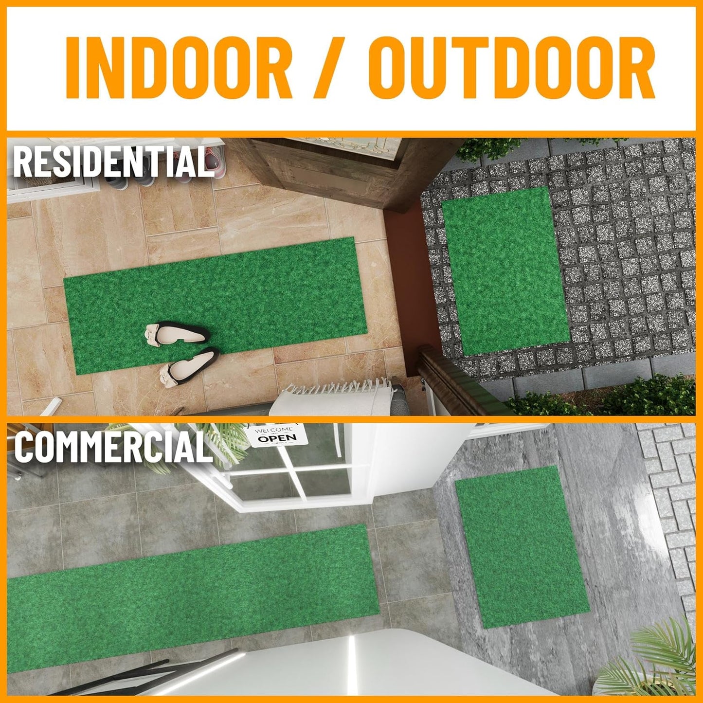 Ottomanson 2' x 15' Hallway Runner with Scraper Pile Extra Durable Non-Slip Rug Mat for Indoor & Outdoor Use - Ideal for Kitchen, Entryway, Patio & Garage - High-Traffic Carpet, Green