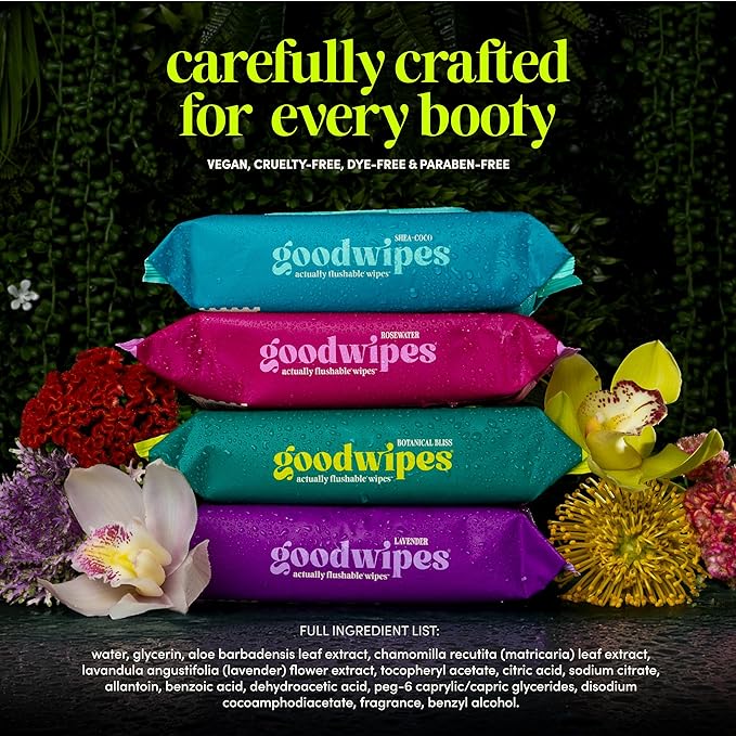 goodwipes Flushable Butt Wipes - Vitamin E & Aloe - Sewer & Septic Safe - Extra Large Adult Wet Wipes For Women & Men - Bathroom Essentials - Lavender, 153 Count (3 Packs + 3 Individually Wrapped)