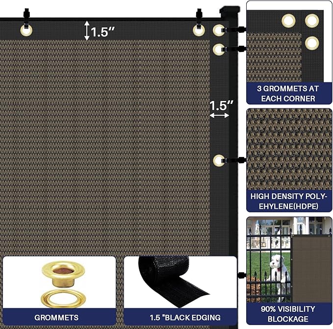Windscreen4less Privacy Fence Screen Heavy Duty Windscreen Fencing Mesh Fabric Shade Net Cover with Brass Grommtes for Outdoor Wall Garden Yard Pool Deck, 8'x133' Brown