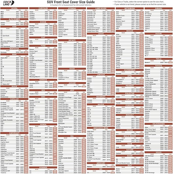 Coverland Custom Fit Car Seat Covers for SUV Compatible with [Sienna, Pacifica, Passport, QX60, Sportage, X1, X2] Premium Waterproof Non-Slip Interior Seat Protector [Front Gray - Size Chart A20]