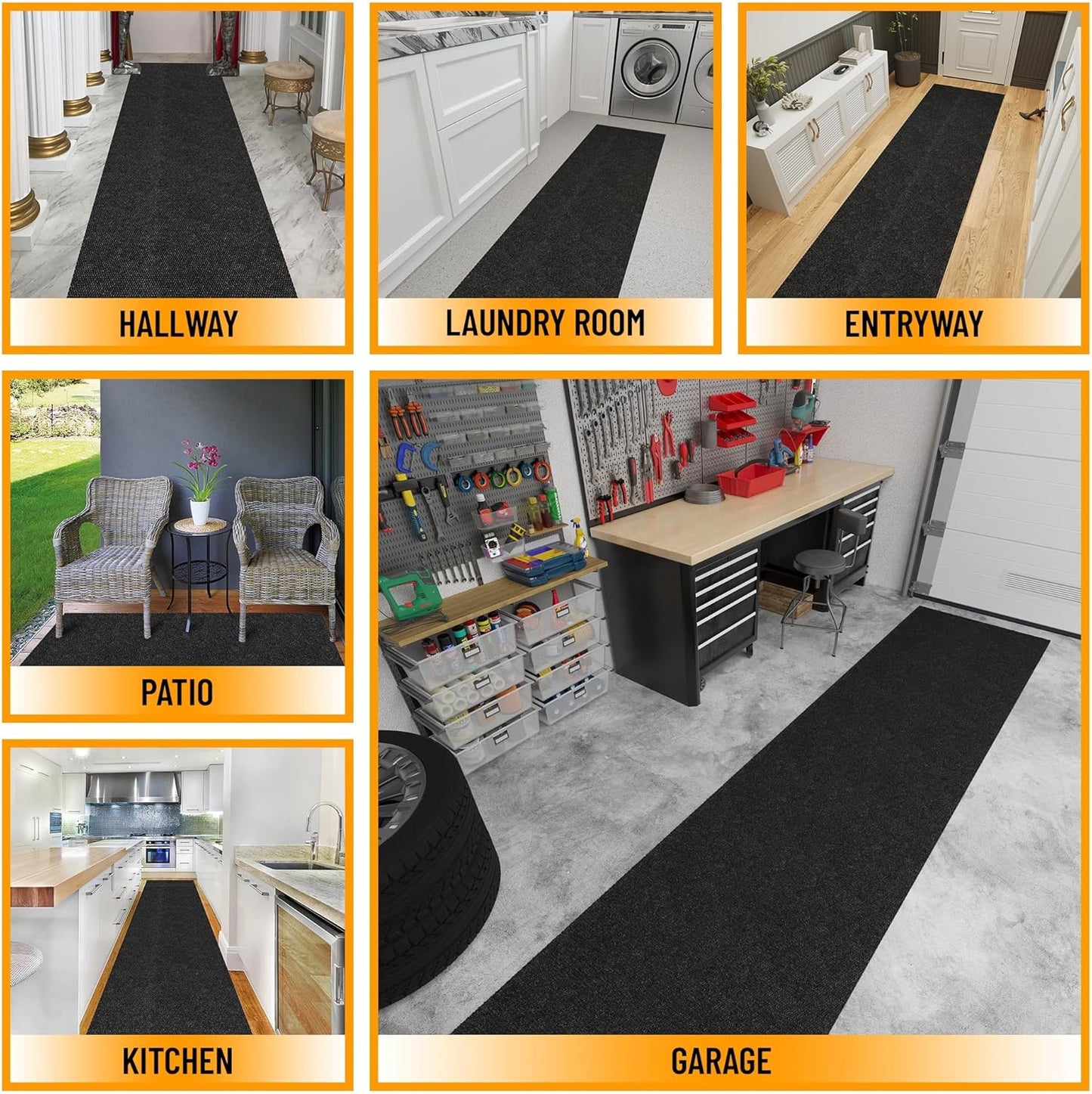 Ottomanson 2' x 26' Hallway Runner with Scraper Pile Extra Durable Non-Slip Rug Mat for Indoor & Outdoor Use - Ideal for Kitchen, Entryway, Patio & Garage - High-Traffic Carpet, Black