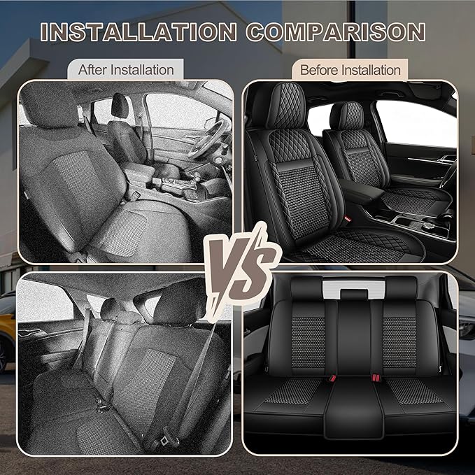TTX LIGHTING for Nissan Rogue Sport 2017-2022 Car Seat Covers, Breathable Ice Silk & Leather Seat Protector, Cool & Anti-Sweat for Long Driving, Airbag Compatible, 5 Seats Full Set (Black)