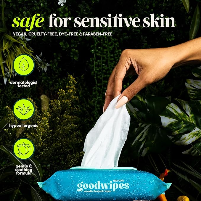 goodwipes Flushable Butt Wipes - Vitamin E & Aloe - Sewer & Septic Safe - Extra Large Adult Wet Wipes For Women & Men - Bathroom Essentials - Lavender, 318 Count (6 Packs + 1 Travel)
