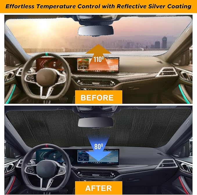 EcoNour Accordion Foldable Windshield Sun Shade | Premium Reflective Sun Visor for SUVs & Pickups Windshields | UV & Heat Reflective Sunshade with Durable Dual-Layer Design | Large (58 x 28)