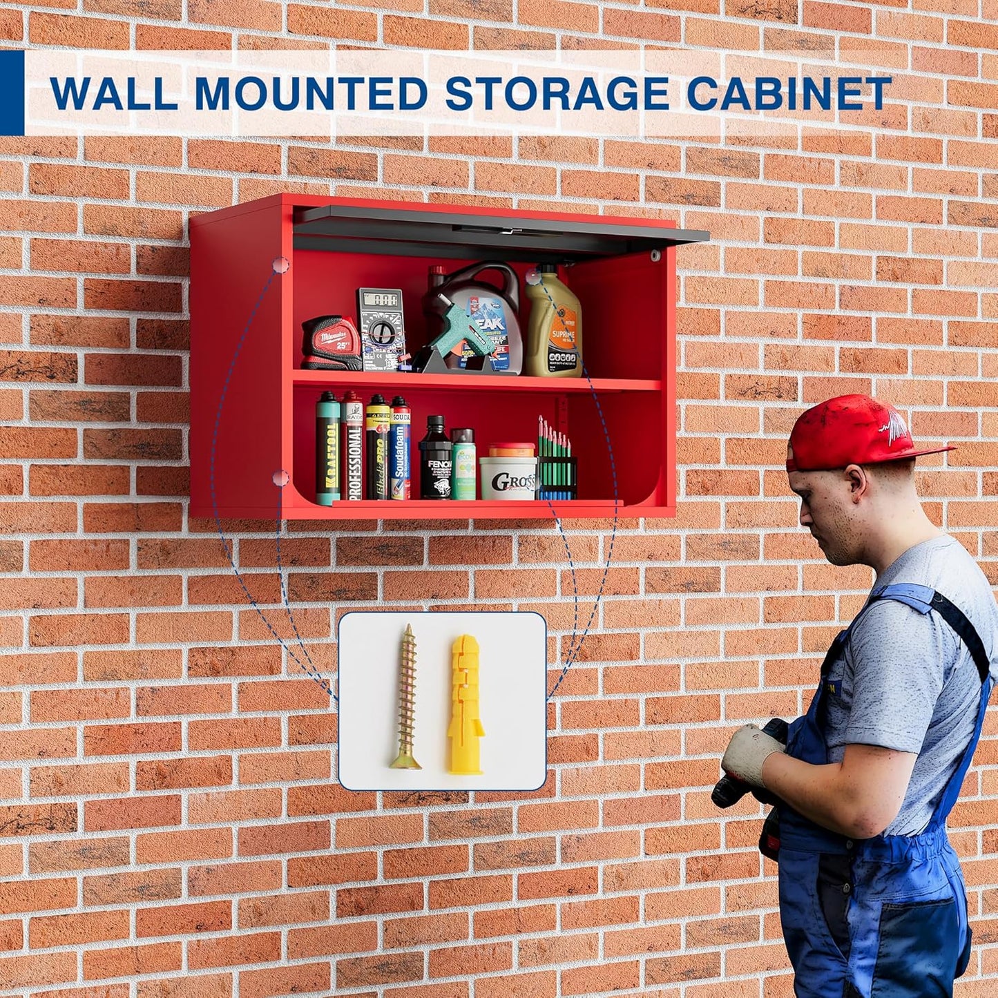 Metal Storage Cabinet Black Red Wall Cabinets with Shelf and Locking Door - Wall Mounted Storage Cabinet for Garage Warehouse Home Office - Assembly Required